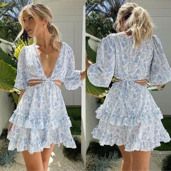 Blue Floral Print Short Sleeve V-Neck Cutout Tiered Mini Dress - Picture 1 of 12